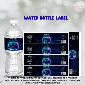 May include: Water bottle label with a gaming theme. The label features a blue and purple controller graphic with the text "GAME ON! OLIVER" and "LEVEL 10". The label is designed to fit 16.9 oz water bottles.
