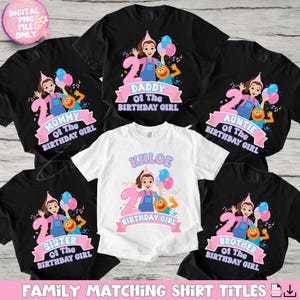 Puede incluir: Una colección de camisetas negras y blancas con gráficos de cumpleaños. Cada camiseta presenta una niña de dibujos animados, globos y el número 2. El texto incluye "Mamá", "Papá", "Tía", "Hermana" y "Hermano" de la cumpleañera, más una camiseta blanca con el nombre "Khloe".