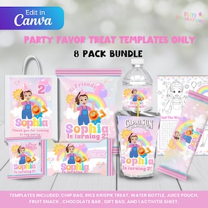 May include: A collection of party favor treat templates, including chip bags, water bottles, and gift bags. The designs feature a cartoon girl, a rainbow, and the text "Sophia is turning 2!" in pink and blue. The bundle includes 8 packs.