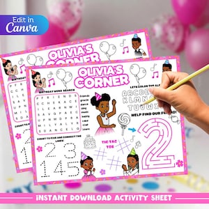 May include: A printable activity sheet titled Olivia's Corner featuring birthday-themed games including a word search, alphabet tracing, a number two maze, tic-tac-toe, and counting exercises, decorated with illustrations of children in party hats.
