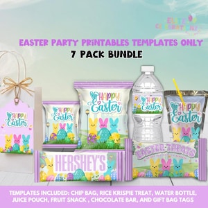 Puede incluir: Paquete de plantillas imprimibles para fiestas de Pascua. Incluye bolsa de patatas fritas, golosinas de arroz inflado, botella de agua, bolsa de zumo, merienda de frutas, barra de chocolate y etiquetas para bolsas de regalo. Diseños de Pascua.