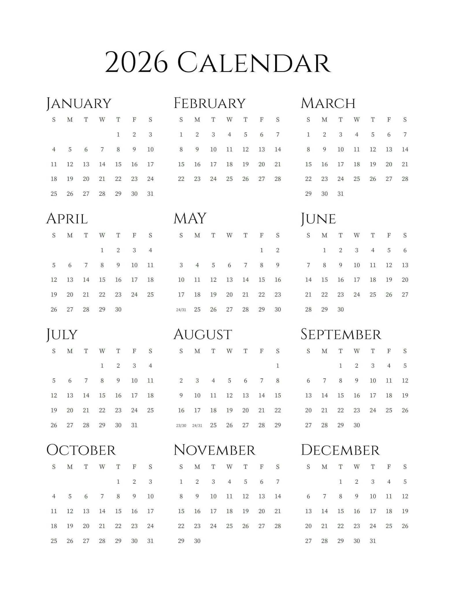 Simple 2026 Black and White Calendar Printable - Minimalist Yearly