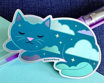 Sticker holographique chat rêveur endormi - Sticker chat kawaii imperméable - chaton mignon