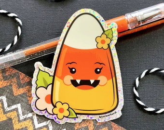 Happy Candy Corn Vinyl Glitter Sticker - Waterproof Kawaii Halloween Sticker - Spooky Cute