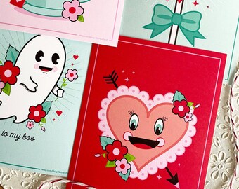 Cute and Quirky Valentine Card Set of 4  |  Ghost  |  Kawaii  |  Retro
