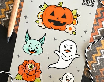 Spooky Sticker Sheet - Halloween Stickers - Waterproof Spooky Cute Stickers - Pumpkin, Ghost, Bat