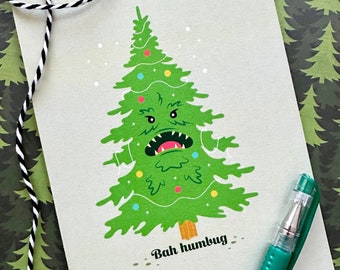 Carte de voeux de vacances Bah Humbug Monster Tree - Carte de Noël drôle - Fêtes effrayantes