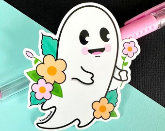 Flower Ghost Vinyl Sticker - Waterproof Spooky Cute Sticker - Kawaii Halloween