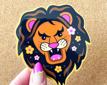 Fierce Flower Lion Vinyl Sticker - Autocollant Kawaii étanche - Inspiré du tatouage