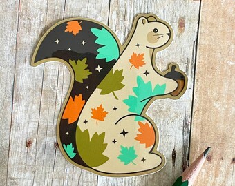 Squirrel With Fall Leaves Glossy Vinyl Sticker