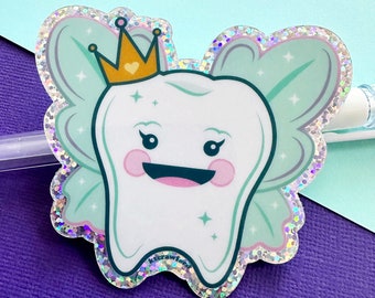 Sticker vinyle scintillant fée des dents - Sticker original kawaii imperméable - Sticker dent