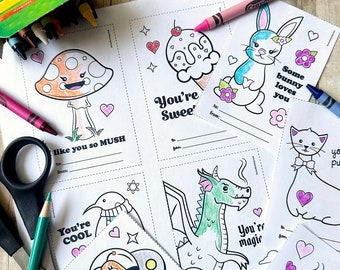 DIY Printable Valentine Coloring Cards--8 cute designs--mushroom, cat, dragon, bunny, and more!