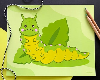 Green Caterpillar Art Print - Cute Bug Art Print - Kawaii Bug Art - Kids Home Decor