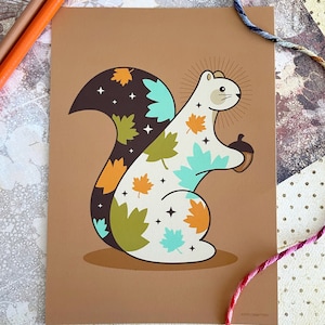Squirrel With Fall Leaves 5x7 Giclee Art Print