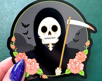 Grim Reaper Roses Waterproof Magnet - Spooky Fridge, Car Magnet- Cute Halloween Magnet