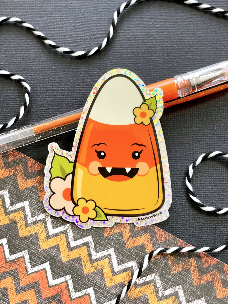 Happy Candy Corn Vinyl Glitter Sticker Waterproof Kawaii Halloween Sticker Spooky Cute image 1