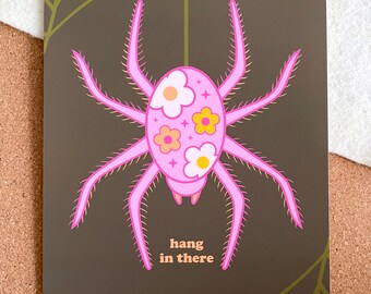 Hang in There Pink Spider Art Print - Spooky Cute Art Print - Motivation Art Print - Spider Home Decor