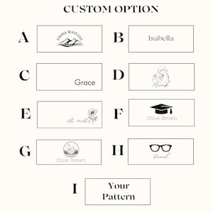 May include: A graphic showing nine different options for a custom design. The options include a mountain range with a moon and stars, a mountain range with a name, a flower, a graduation cap, a pair of glasses, a mother and child, a name, and a blank option for a custom design.