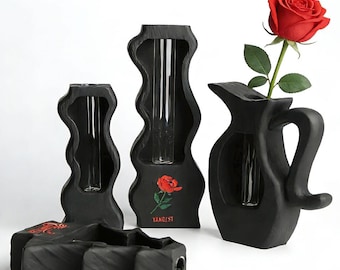 Custom Black Carbonized Wooden Vase,Personalized Minimal Flower Holder,Modern Rustic Home Decor Gift
