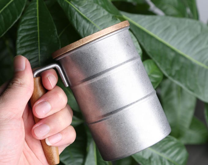 Vintage 304 Stainless Steel Outdoor Mug,Acacia Wood Lid and Handle, Personalized Travel Cup,Eco-Friendly Coffee Mug,Rustic Camping Gift Idea