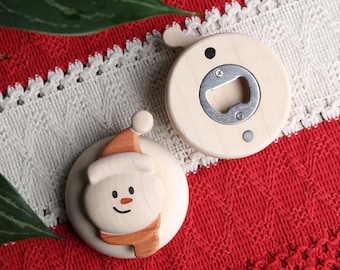 Wooden Snowman Bottle Opener Fridge Magnet, Rustic Christmas Decor