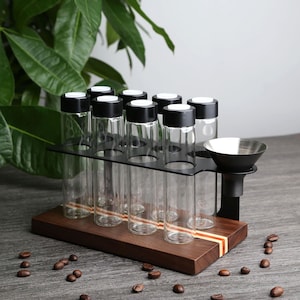 Tubos de almacenamiento de granos de café de nogal personalizados, tubos dosificadores de vidrio 8/12 con válvula unidireccional, soporte de almacenamiento de herramientas de café, ideal para uso en el hogar o en la cafetería