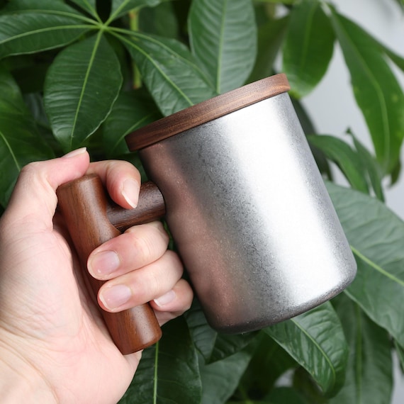 Vintage 304 Stainless Steel Outdoor Mug,Walnut Wood Lid and Handle, Personalized Travel Cup,Eco-Friendly Coffee Mug,Rustic Camping Gift Idea