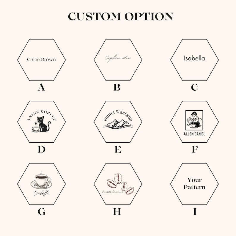 May include: A selection of hexagonal designs featuring text and graphics. The designs include names such as "Chloe Brown" and "Isabella", coffee-related illustrations, and the text "CUSTOM OPTION".