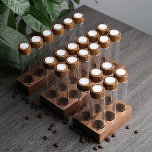 Tubos de almacenamiento de café en grano de nogal personalizados, 6/12 piezas de tubos de dosificación de espresso de vidrio con válvula de escape unidireccional, embudo y soporte personalizable