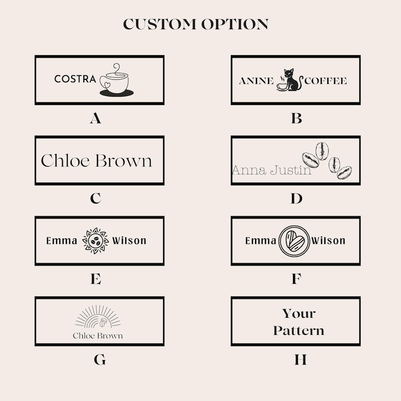 Puede incluir: Ocho opciones de dise&ntilde;o diferentes para una etiqueta personalizada. Los dise&ntilde;os incluyen una taza de caf&eacute;, un gato, granos de caf&eacute;, un sol, un coraz&oacute;n, una salida del sol y texto. El texto incluye nombres como Chloe Brown, Emma Wilson y Anna Justin.