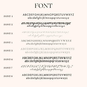 May include: A graphic showing eight different fonts, labeled "FONT 1" through "FONT 8". Each font displays the alphabet in uppercase and lowercase letters.