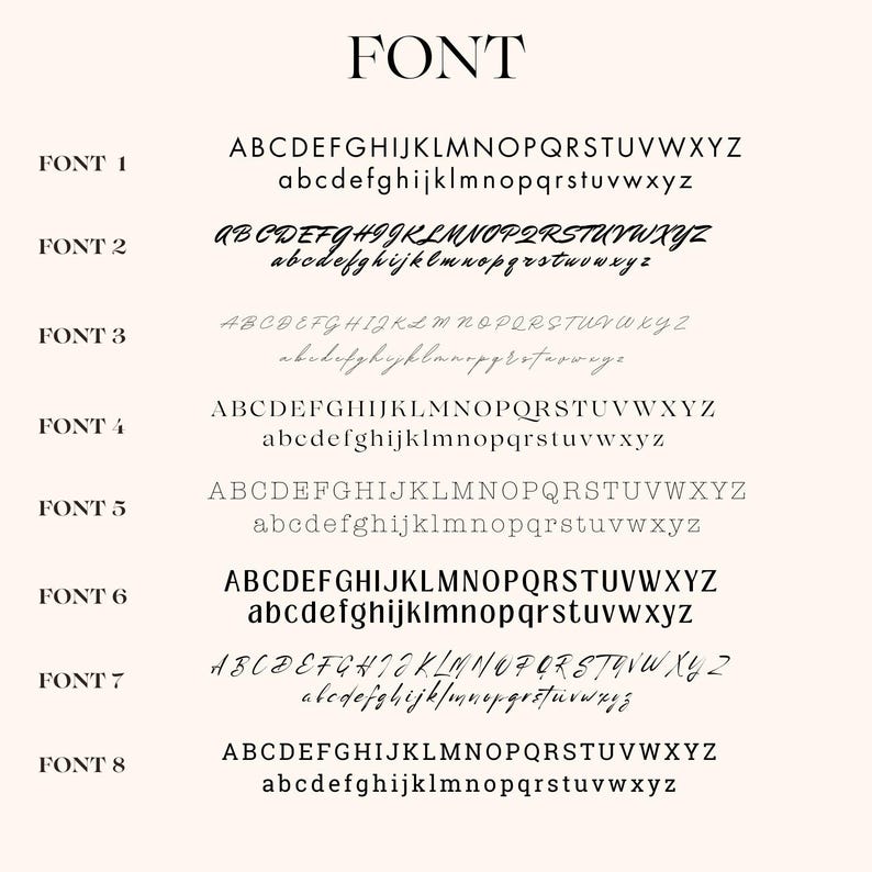 May include: A graphic showing eight different fonts, labeled "FONT 1" through "FONT 8". Each font displays the alphabet in uppercase and lowercase letters.