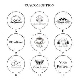 May include: Nine different designs for custom round stickers. The designs include mountains, a butterfly, a coffee cup, a heart, and a tree. The text on the stickers includes names like Olivia Grace, Chloe Brown, Jack Millar, and Emma wastson. The text "Your Pattern" is also included.