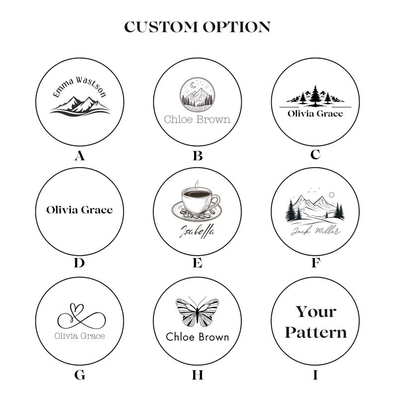 May include: Nine different designs for custom round stickers. The designs include mountains, a butterfly, a coffee cup, a heart, and a tree. The text on the stickers includes names like Olivia Grace, Chloe Brown, Jack Millar, and Emma wastson. The text "Your Pattern" is also included.