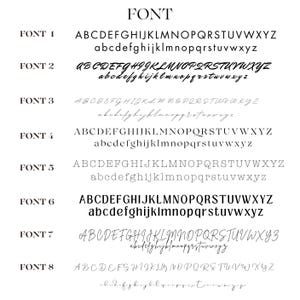 May include: A graphic showing eight different fonts, labeled Font 1 through Font 8. Each font displays the alphabet in uppercase and lowercase letters.