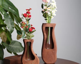 Artistic Pine Wood Plant Propagation Station - Hydroponic Vase