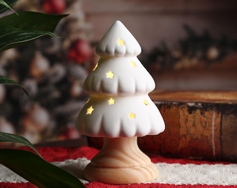 Custom Christmas Tree Night Light, Engraved Wood & Ceramic Lamp