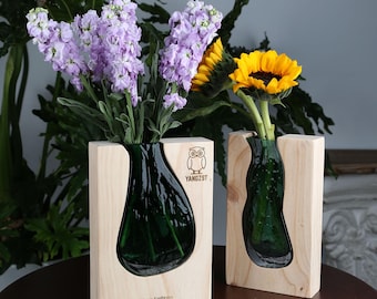 Custom Pine Wood Vase, Green Glass Flower Holder, Eco-Friendly Decor