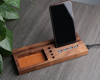Estación de acoplamiento USB 3.0 de madera de nogal, soporte para teléfono o tableta, portalápices, accesorio, organizador de escritorio, regalos personalizados para hombres, regalos tecnológicos