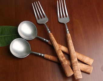 Personalized Wooden Spoon and Fork Set,Custom Engraved Burl Wood Stainless Steel Cutlery,Unique Gift for Him Her