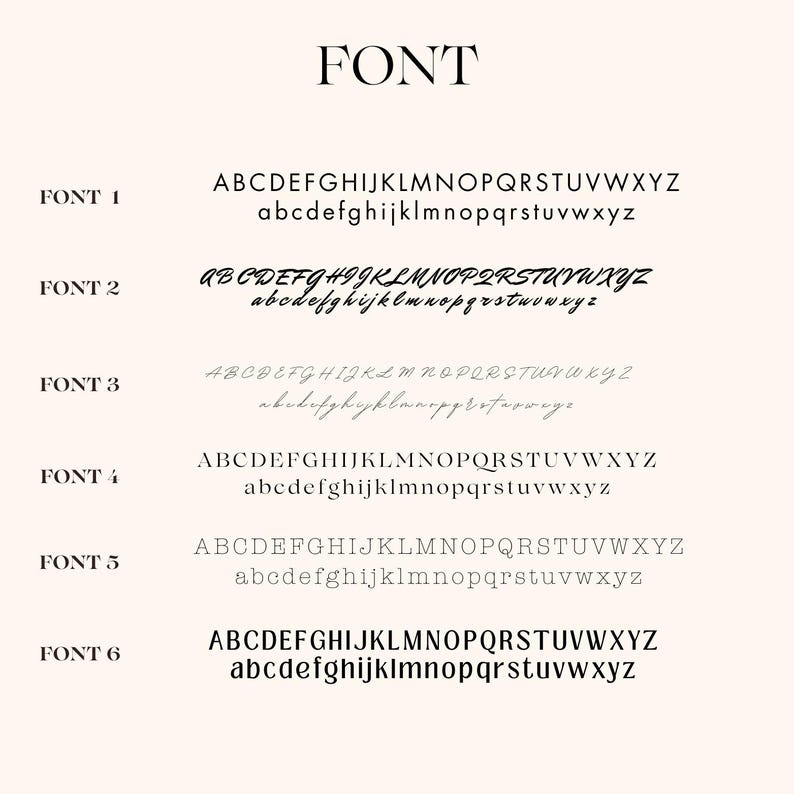 May include: A graphic showing six different fonts, labeled Font 1 through Font 6. Each font displays the alphabet in uppercase and lowercase letters.