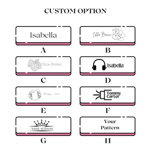 May include: A graphic showing eight different options for customizing a product. The options include text, images, and icons. The text includes names like "Isabella", "Chloe Brown", and "Tommy Carter". The images include a flower, a monstera leaf, headphones, a phone with flowers, a crown, and a lightning bolt. The icons include a lightning bolt and a crown.