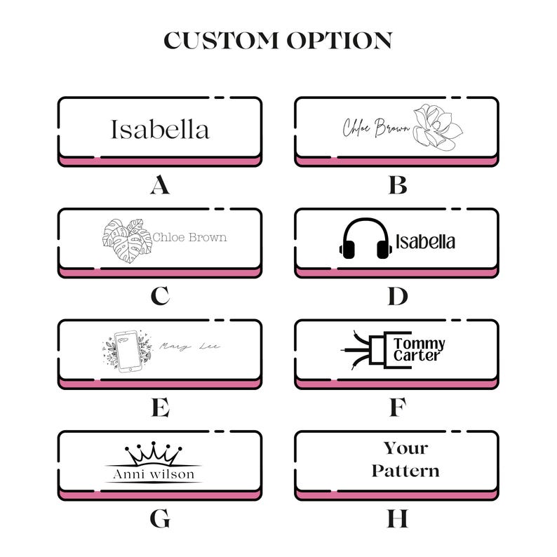 May include: A graphic showing eight different options for customizing a product. The options include text, images, and icons. The text includes names like "Isabella", "Chloe Brown", and "Tommy Carter". The images include a flower, a monstera leaf, headphones, a phone with flowers, a crown, and a lightning bolt. The icons include a lightning bolt and a crown.