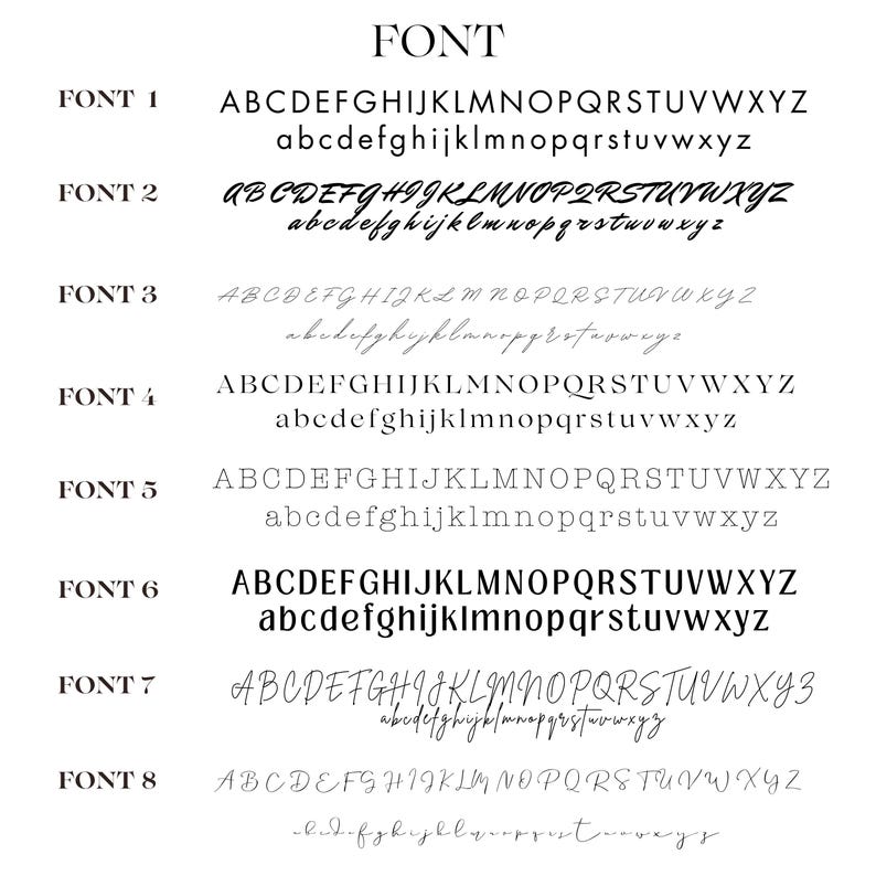 Puede incluir: Se muestran ocho estilos de fuente diferentes en tinta negra sobre un fondo blanco. Cada estilo de fuente muestra el alfabeto en letras may&uacute;sculas y min&uacute;sculas.
