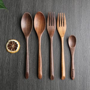 2pcs Wooden Spoon,Wooden Fork,Vintage Multi-Purpose Coffee Spoon,Dessert Spoon,Custom Name Engraving,Ideal for Home,Coffee Shop & Bar Use