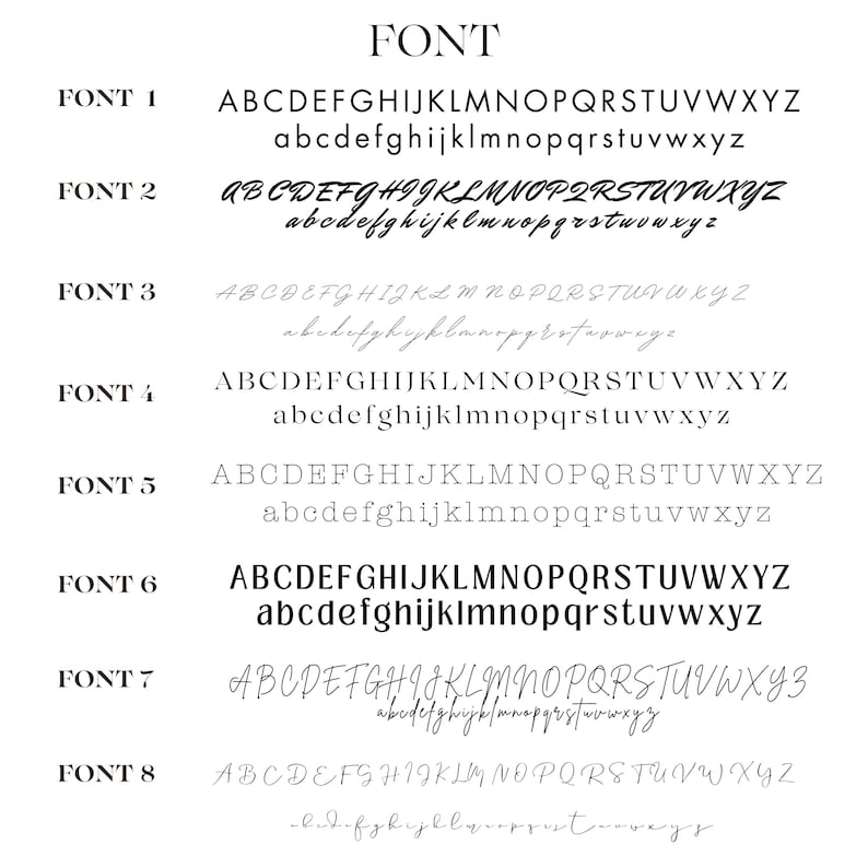 Pode incluir: Oito estilos de fonte diferentes s&atilde;o exibidos em tinta preta sobre um fundo branco. Cada estilo de fonte mostra o alfabeto em letras mai&uacute;sculas e min&uacute;sculas.
