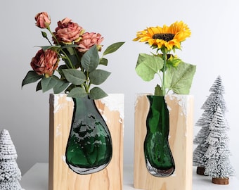 Custom Pine Wood Vase, Green Glass, Snow Effect, Eco-Friendly Decor