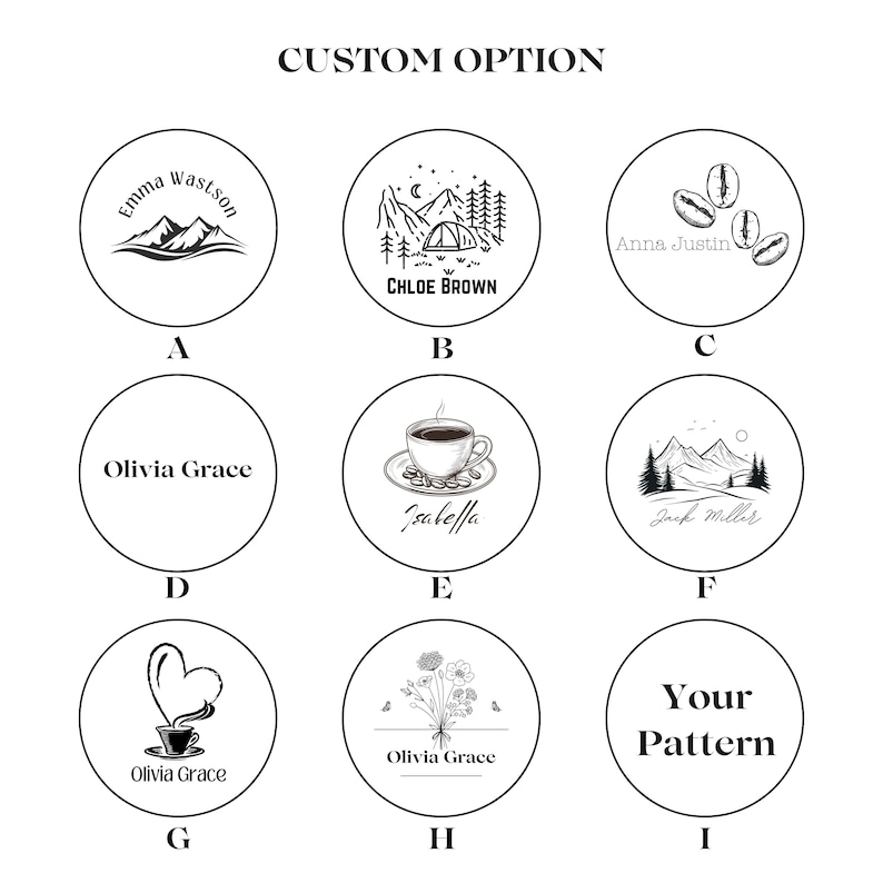 Pode incluir: Um gr&aacute;fico mostrando 9 op&ccedil;&otilde;es diferentes para adesivos redondos personalizados. As op&ccedil;&otilde;es incluem uma cena de montanha, uma x&iacute;cara de caf&eacute;, um cora&ccedil;&atilde;o, flores e uma op&ccedil;&atilde;o em branco para um design personalizado. O texto "CUSTOM OPTION" est&aacute; no topo do gr&aacute;fico.