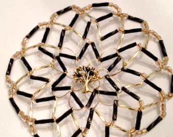 Black and Gold Czech Glass Kippah with Tree of Life Center with Crystals