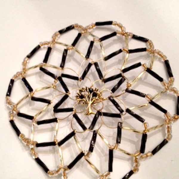 Black and Gold Czech Glass Kippah with Tree of Life Center with Crystals